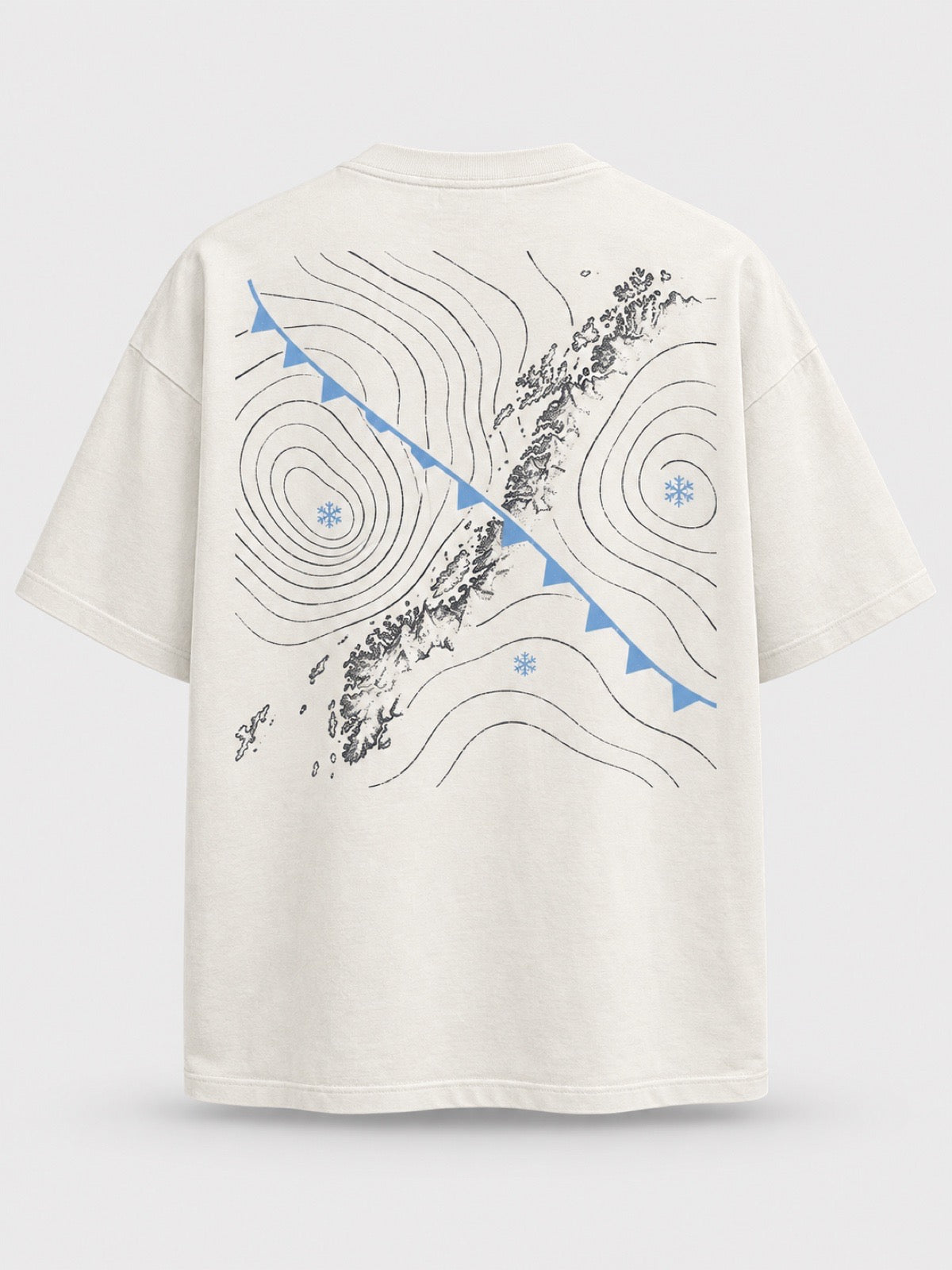 Camiseta Frente Fria off-white, costas: mapa do tempo com isóbaras e uma frente fria em azul — foto 1 de 2